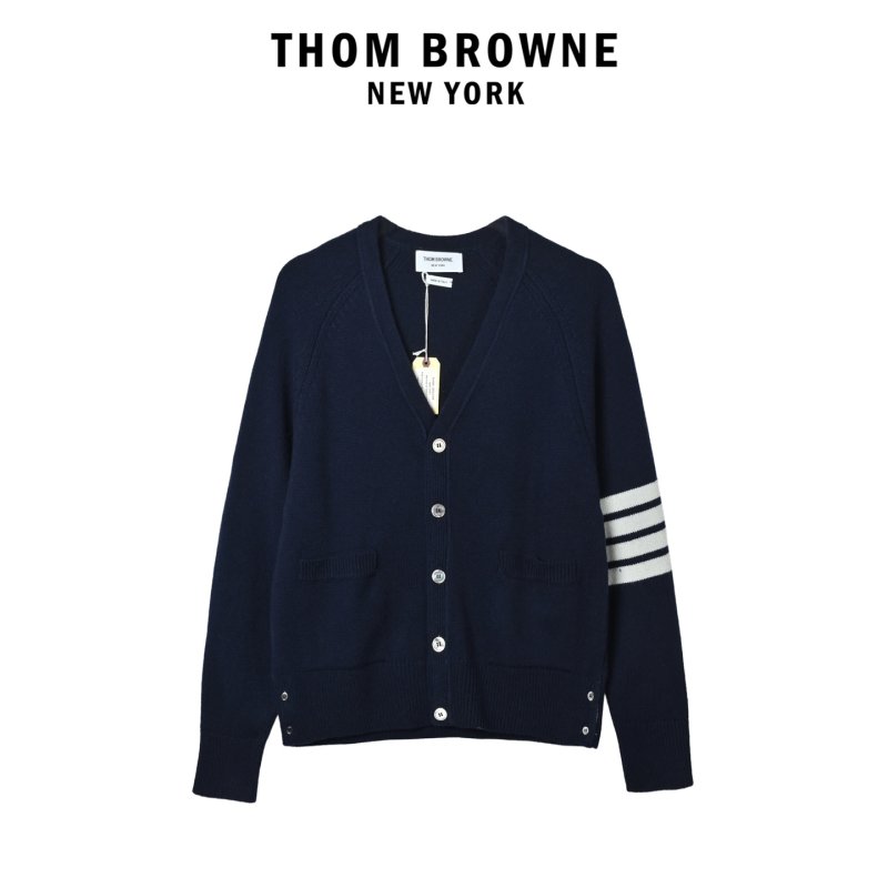 Thom Browne Navy Wool Cardigan with Signature Stripe Detail view
