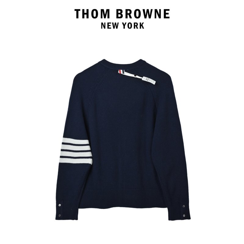 Thom Browne Navy Wool Cardigan with Signature Stripe Detail view