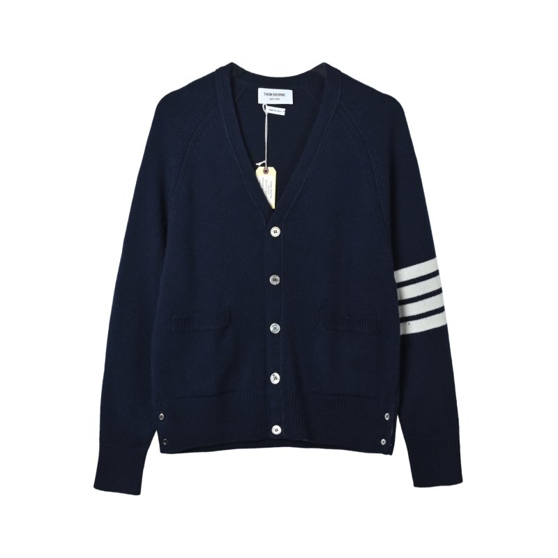 Thom Browne Navy Wool Cardigan with Signature Stripe Detail view