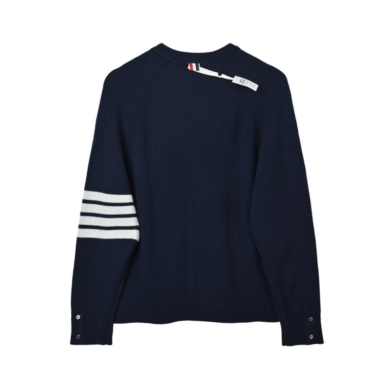Thom Browne Navy Wool Cardigan with Signature Stripe Detail view