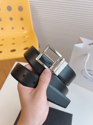 Prada Saffiano Leather Belt Black Silver Buckle 35mm