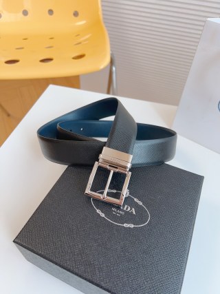 Prada Saffiano Leather Belt Black Silver Buckle 35mm view 2