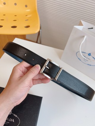 Prada Saffiano Leather Belt Black Silver Buckle 35mm view 3