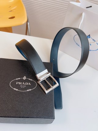 Prada Saffiano Leather Belt Black Silver Buckle 35mm view 5