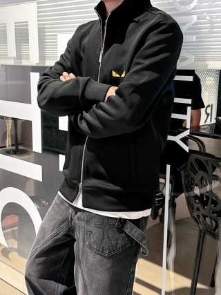 Fendi Black Wool Zip Jacket with Eye Detail view 2