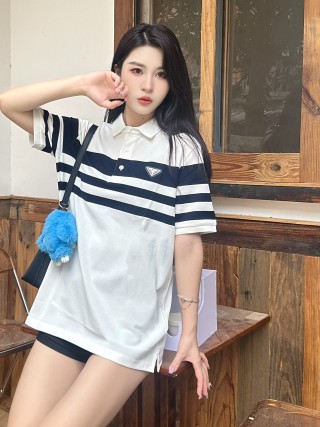 Prada Striped Polo Shirt White Navy view 1