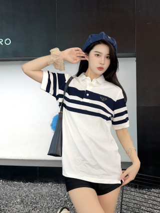 Prada Striped Polo Shirt White Navy view 2