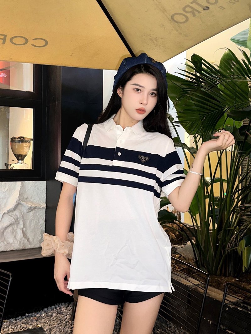 Prada Striped Polo Shirt White Navy view