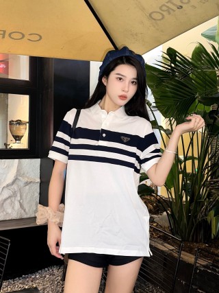 Prada Striped Polo Shirt White Navy view 3