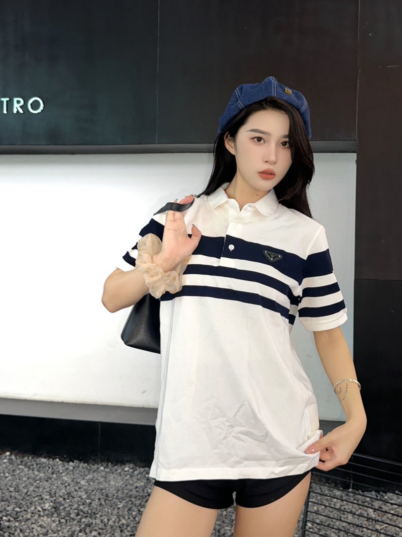 Prada Striped Polo Shirt White Navy view