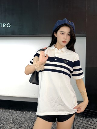 Prada Striped Polo Shirt White Navy view 5