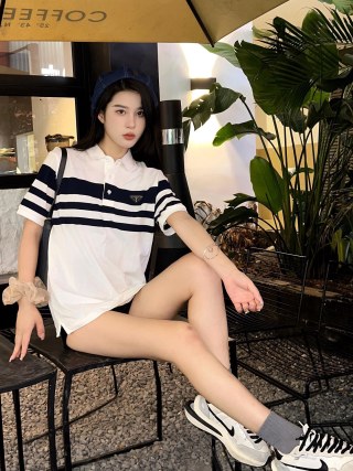 Prada Striped Polo Shirt White Navy view 7