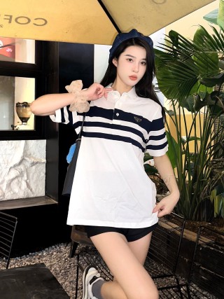 Prada Striped Polo Shirt White Navy view 9