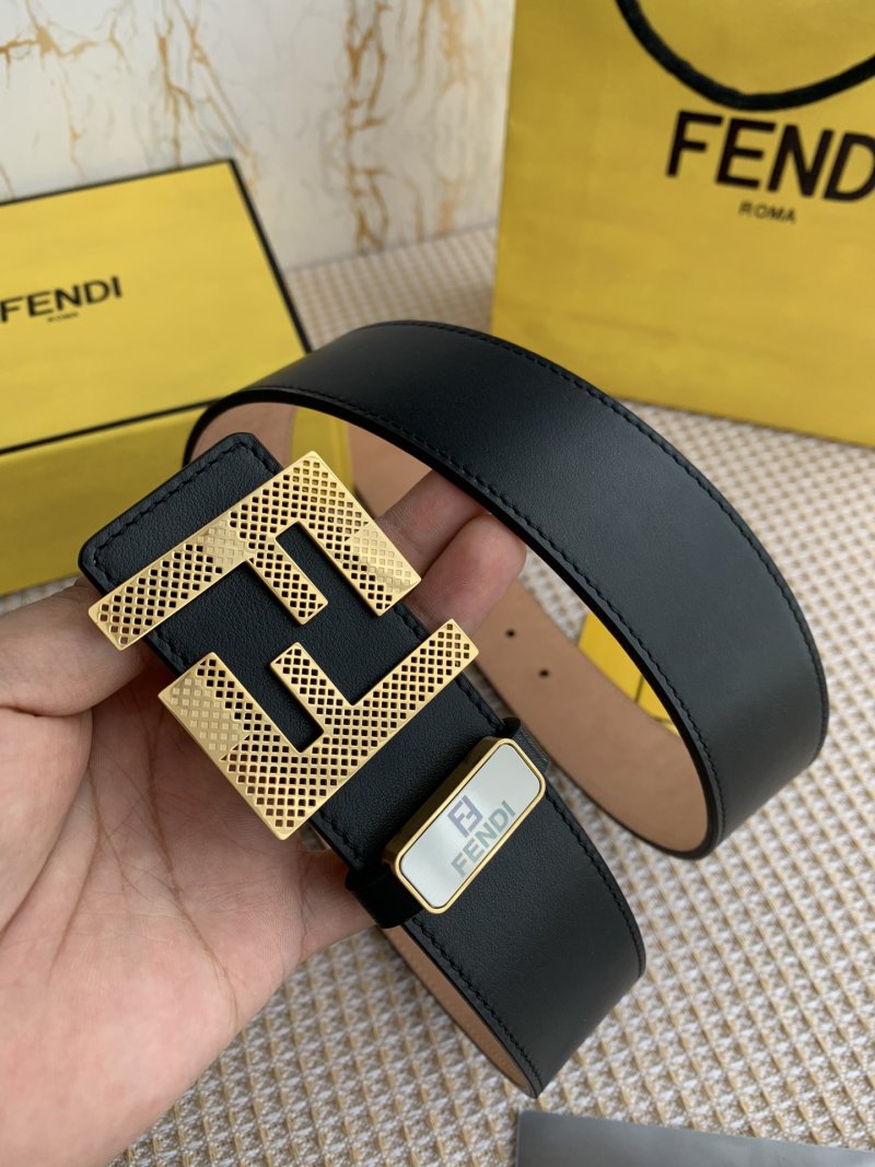 Fendi FF Perforated Gold Buckle Black Leather Belt