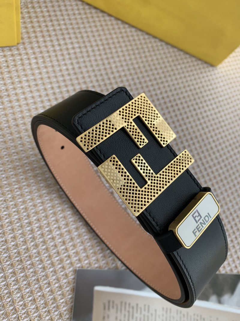 Fendi FF Perforated Gold Buckle Black Leather Belt view