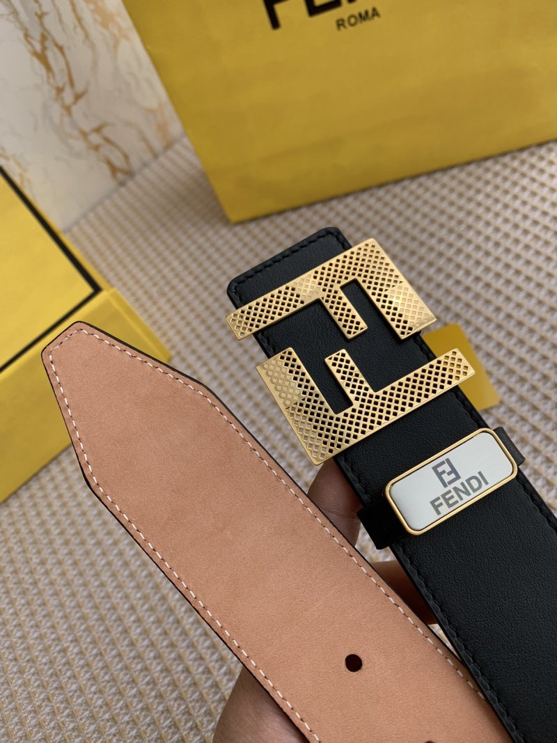 Fendi FF Perforated Gold Buckle Black Leather Belt view
