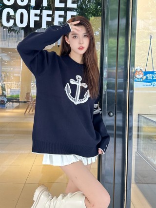 Black Anchor Knit Sweater with White Logo view 7