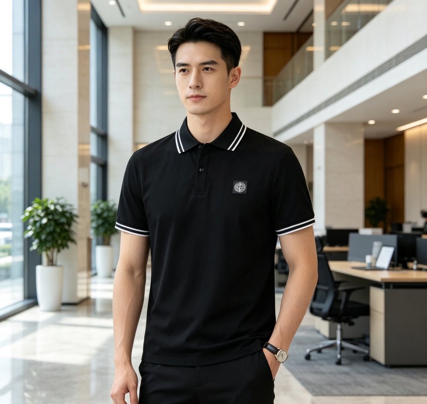 Stone Island Black Polo Shirt with Striped Collar