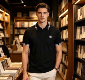 Stone Island Black Polo Shirt with Striped Collar view 2