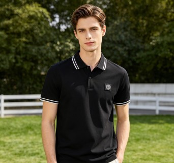 Stone Island Black Polo Shirt with Striped Collar view 3