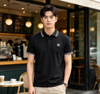 Stone Island Black Polo Shirt with Striped Collar view 4