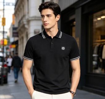 Stone Island Black Polo Shirt with Striped Collar view 6