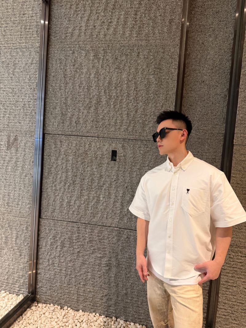 White Short-Sleeve Button-Up Shirt with Chest Pocket