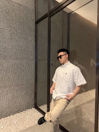 White Short-Sleeve Button-Up Shirt with Chest Pocket view 5