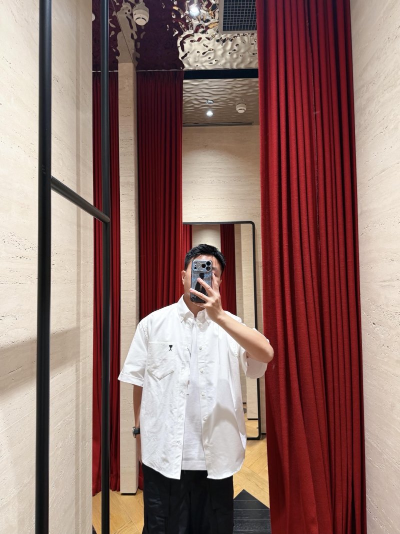 White Short-Sleeve Button-Up Shirt with Chest Pocket view