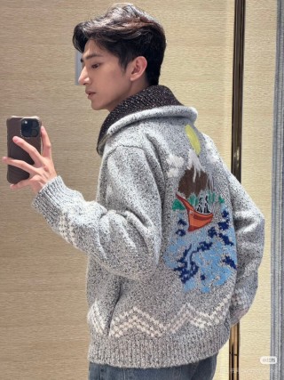 Louis Vuitton Grey Knit Zip Cardigan with LV Logo view 2