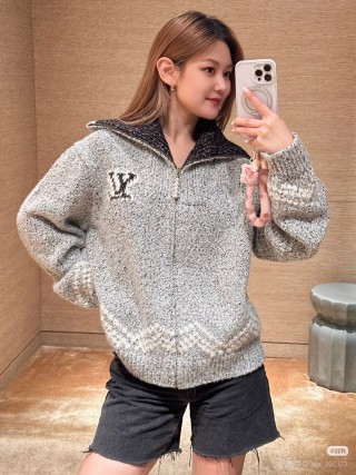 Louis Vuitton Grey Knit Zip Cardigan with LV Logo view 3
