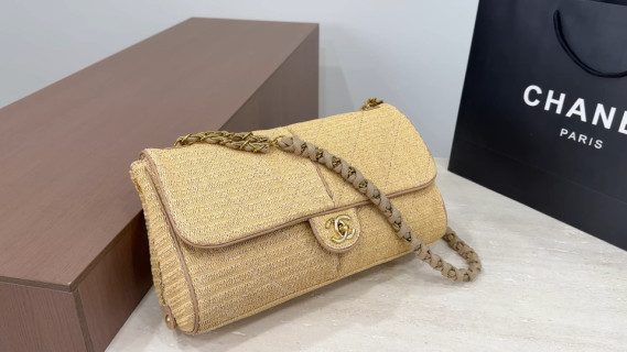 Chanel Classic Flap Bag Gold Woven Straw video