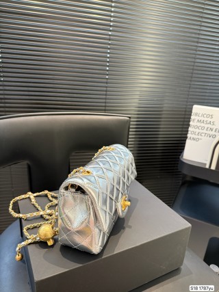 Chanel Quilted Gold Ball Chain Shoulder Bag Silver view 4