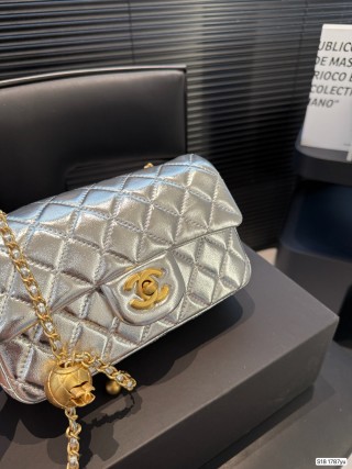 Chanel Quilted Gold Ball Chain Shoulder Bag Silver view 5