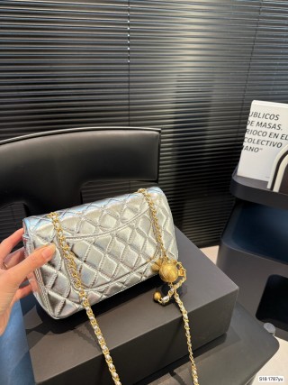 Chanel Quilted Gold Ball Chain Shoulder Bag Silver view 6