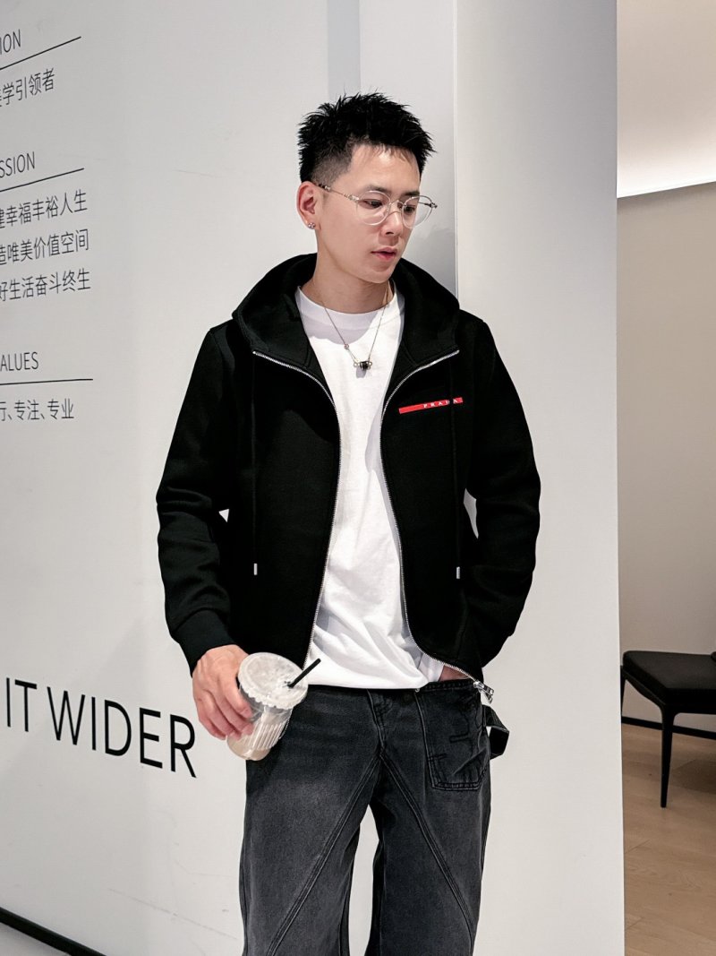 Black Zip Hoodie Jacket with Red Accent Stripe
