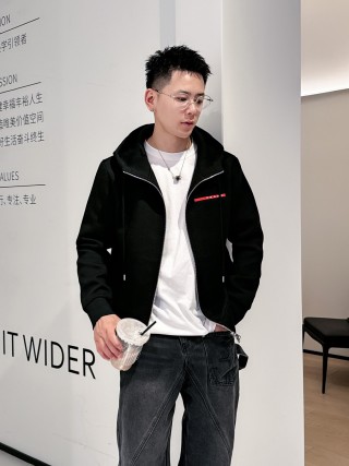 Black Zip Hoodie Jacket with Red Accent Stripe view 1