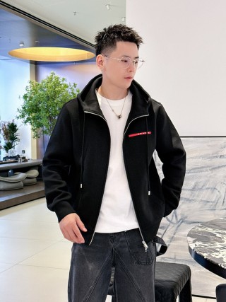 Black Zip Hoodie Jacket with Red Accent Stripe view 2