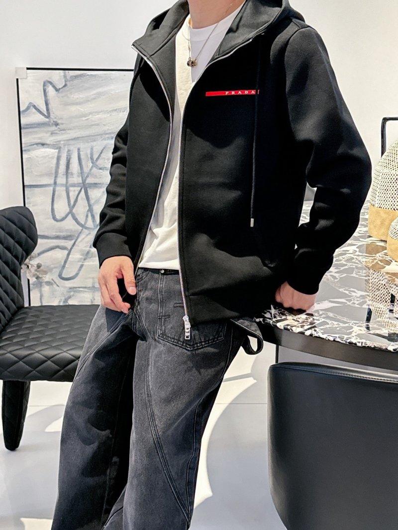 Black Zip Hoodie Jacket with Red Accent Stripe view