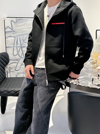 Black Zip Hoodie Jacket with Red Accent Stripe view 4