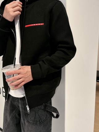 Black Zip Hoodie Jacket with Red Accent Stripe view 5