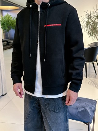 Black Zip Hoodie Jacket with Red Accent Stripe view 6