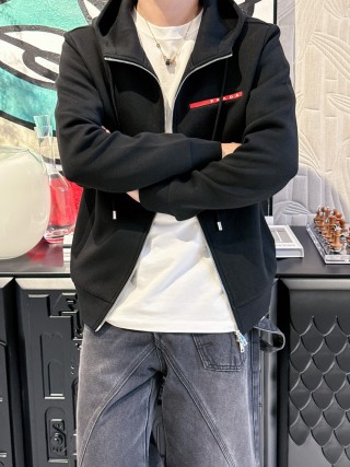 Black Zip Hoodie Jacket with Red Accent Stripe view 10