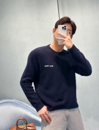 Navy Crew Neck Knit Sweater with Embroidered Logo view 1