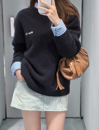 Navy Crew Neck Knit Sweater with Embroidered Logo view 5