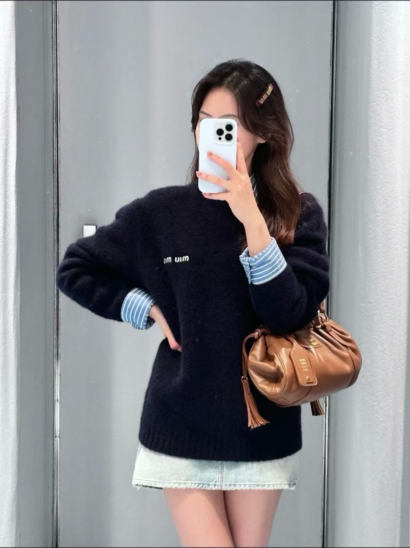Navy Crew Neck Knit Sweater with Embroidered Logo view