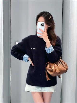 Navy Crew Neck Knit Sweater with Embroidered Logo view 6