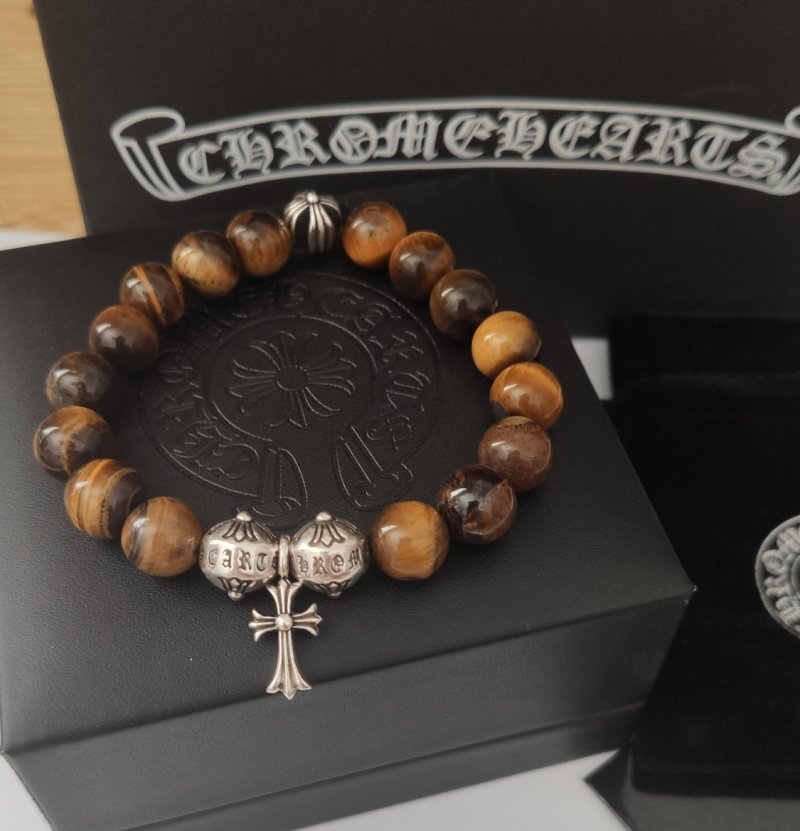 Chrome Hearts Tiger's Eye Cross Charm Beaded Bracelet