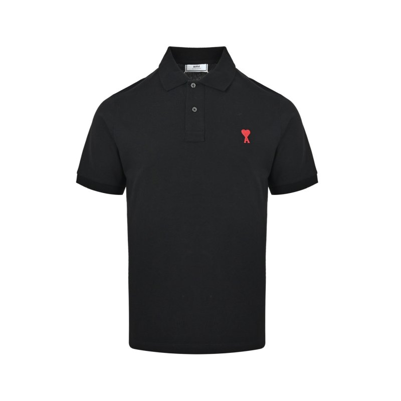 Ami Black Short Sleeve Polo T-Shirt with Red Heart Logo view