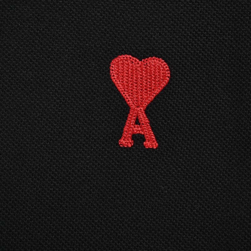Ami Black Short Sleeve Polo T-Shirt with Red Heart Logo view